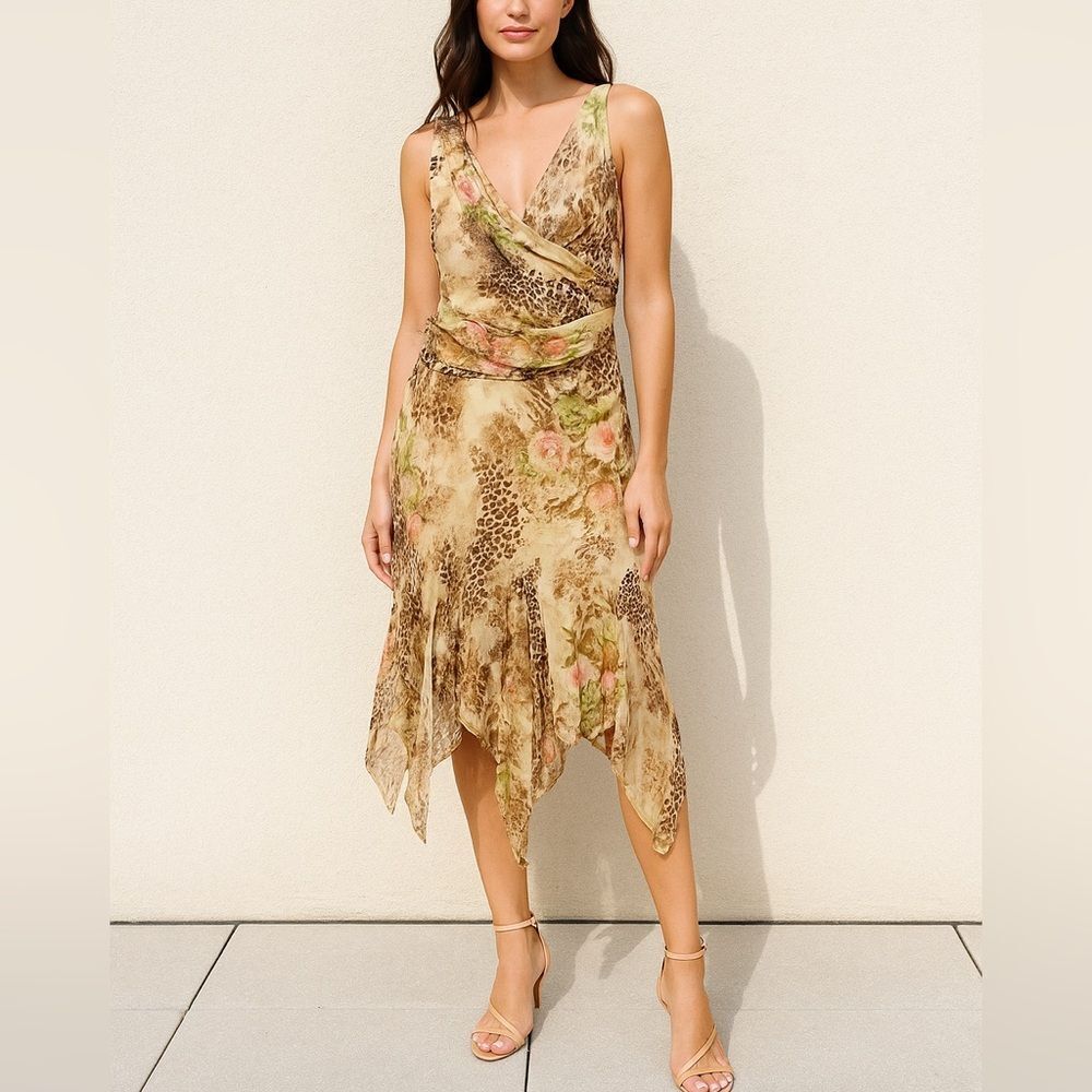 Teri Jon Mixed Floral Leopard Chiffon Handkerchief Hem Dress – Sz 14 NWT, 46402